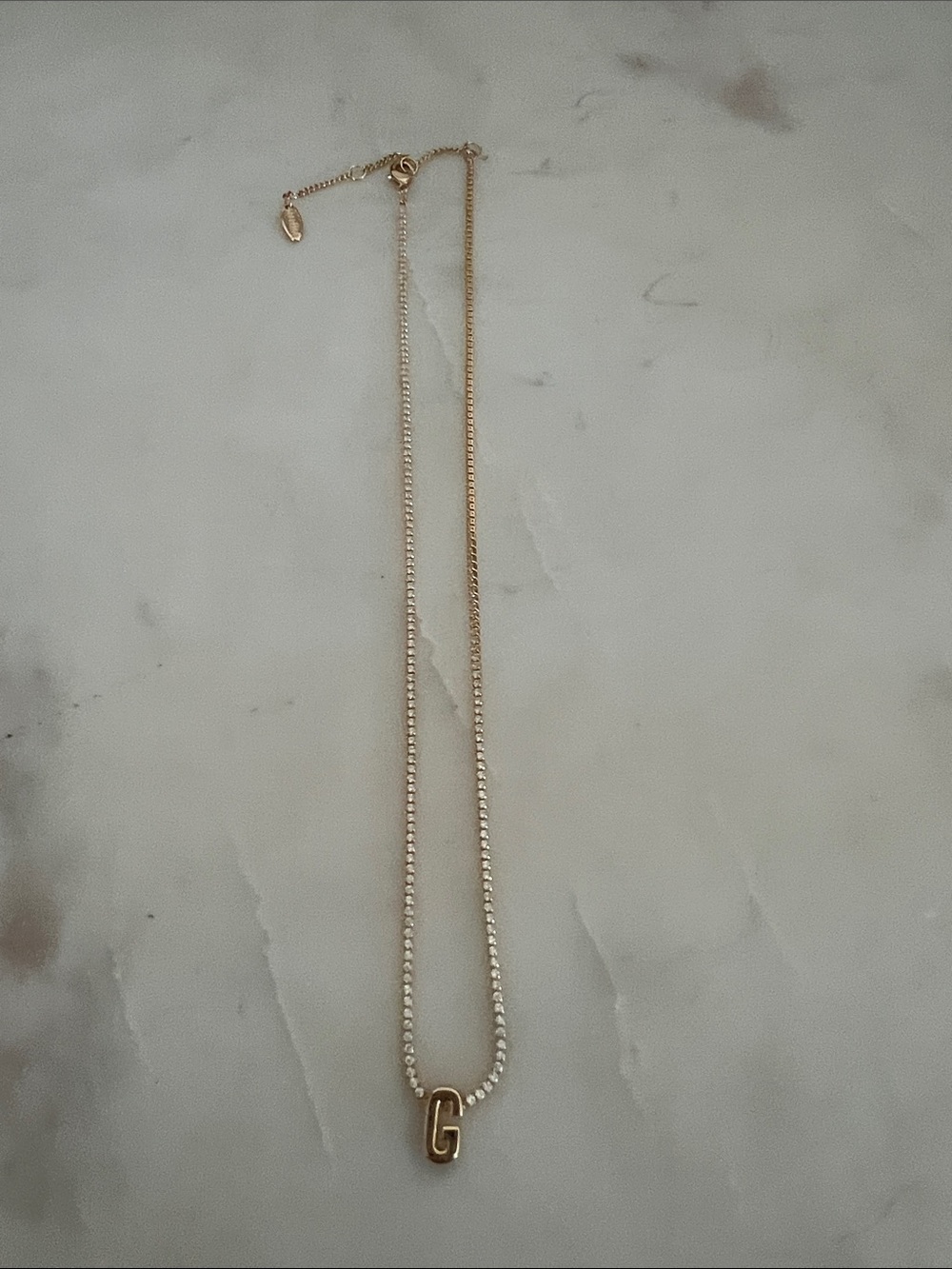 Anthropologie Gold Letter G Pendant Necklace with faux crystal chain NWOT